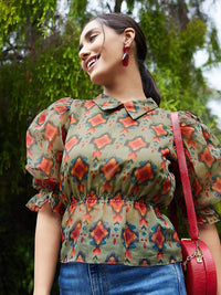 Athena Green & Rust Geometric Print Peplum Top