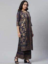 AURELIA Women Blue Printed Pleated Kurta with Palazzos