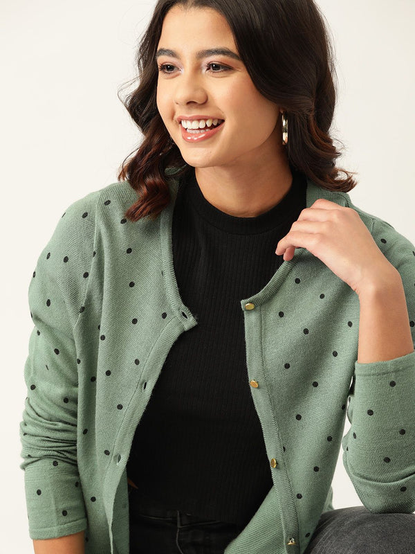 DressBerry Women Green & Black Printed Front-Open Sweater