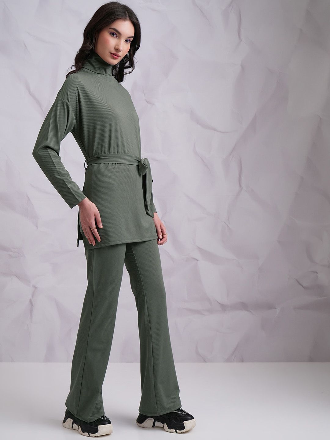 Tokyo Talkies Olive Green High Neck Top With Trousers