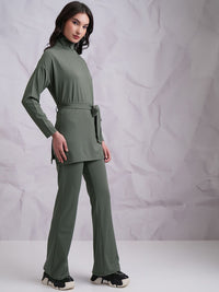 Tokyo Talkies Olive Green High Neck Top With Trousers