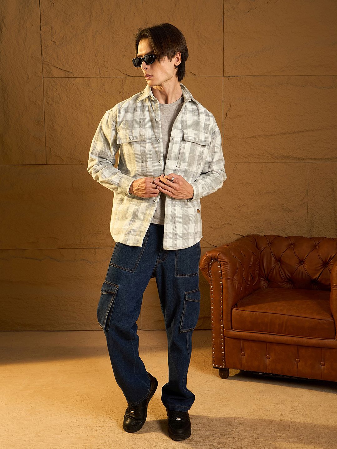 DENNISON Men Double Pocket Drop Shoulder Oversized Cotton Checked Shacket