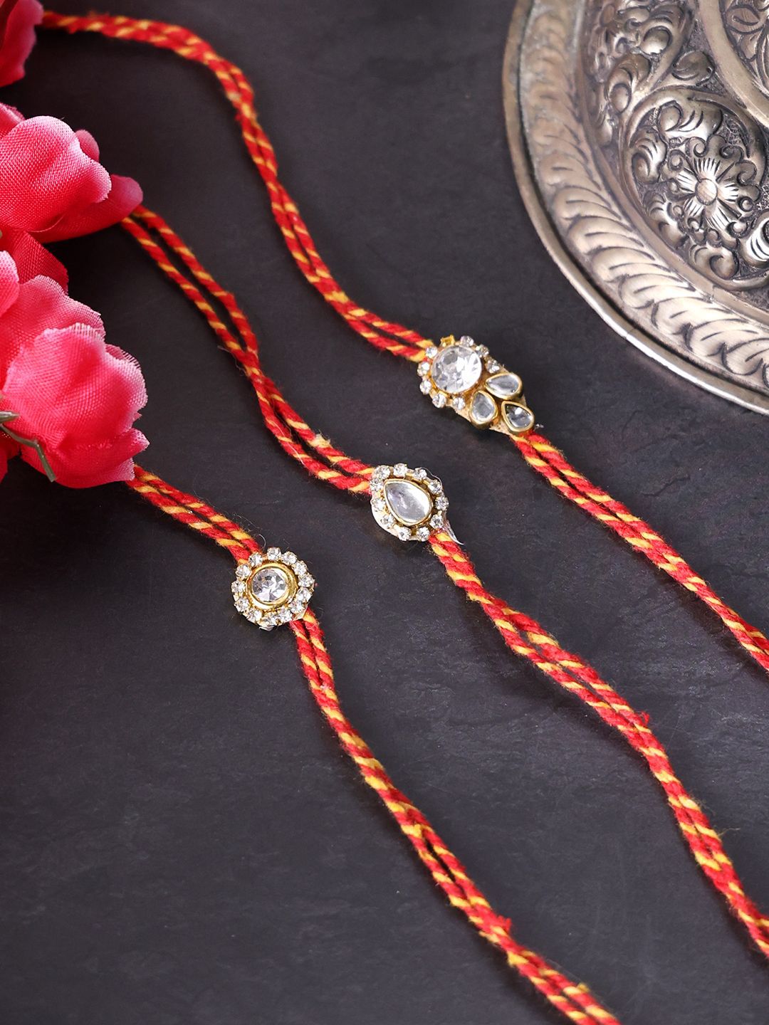 PANASH- Unisex Set Of 3 Gold Plated Stone Studded Thread Rakhis With Roli Chawal