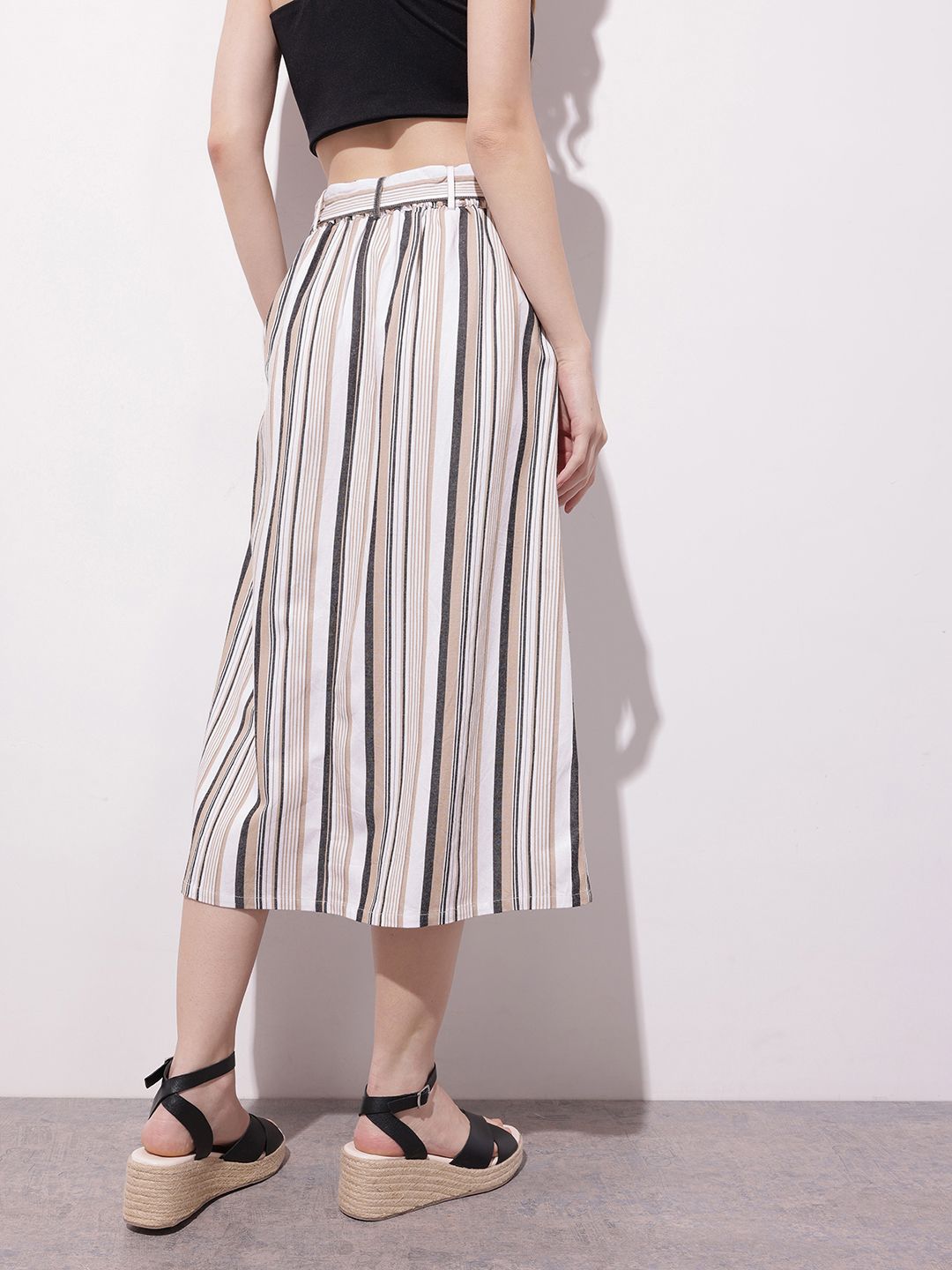 DressBerry Dark Academia Neutral Stripe Belted A-Line Skirt