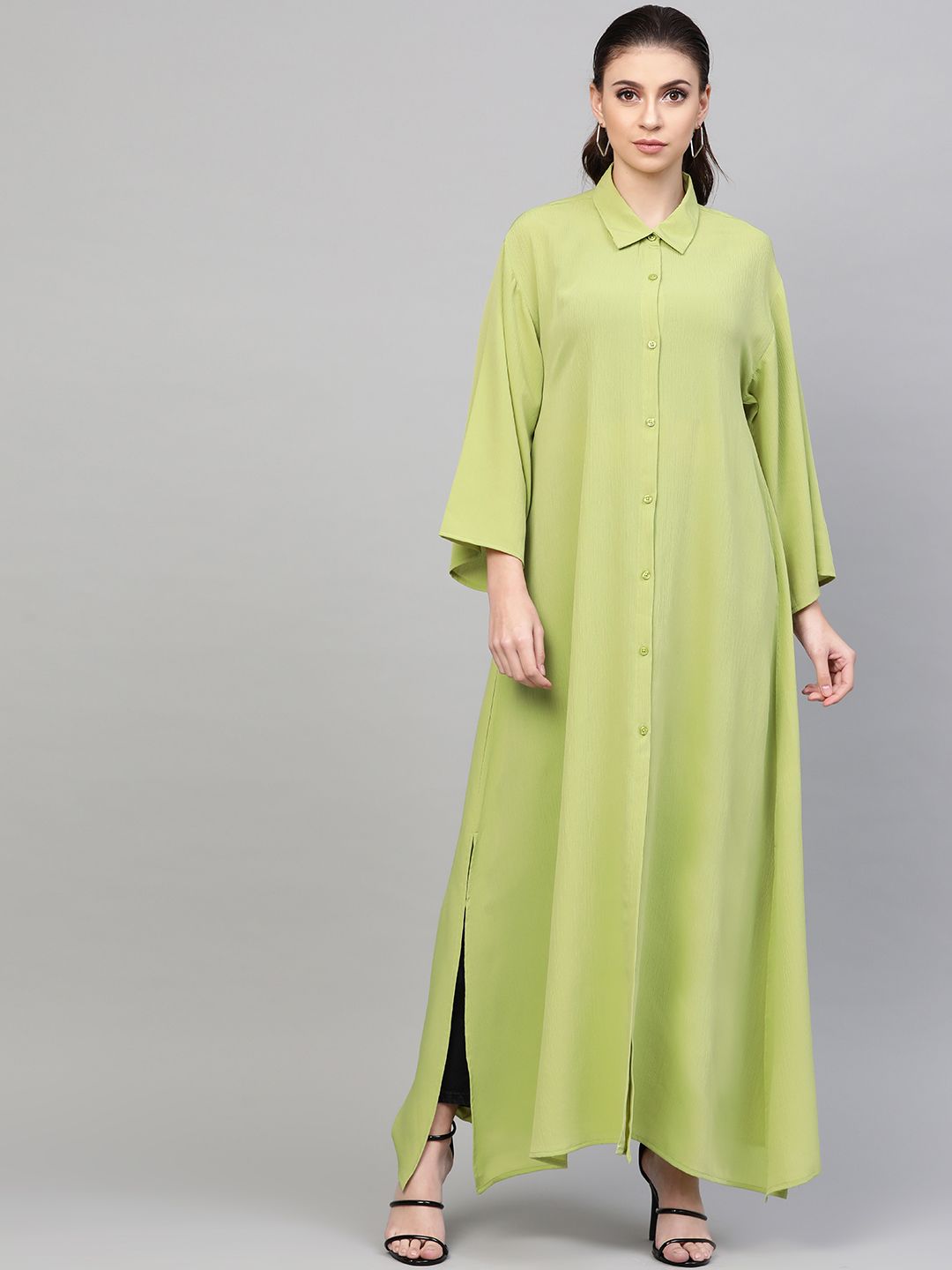 SASSAFRAS Women Fluorescent Green Solid Longline Shirt Style Shrug