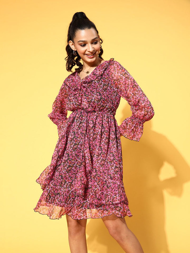 Antheaa Pink Floral Chiffon Dress