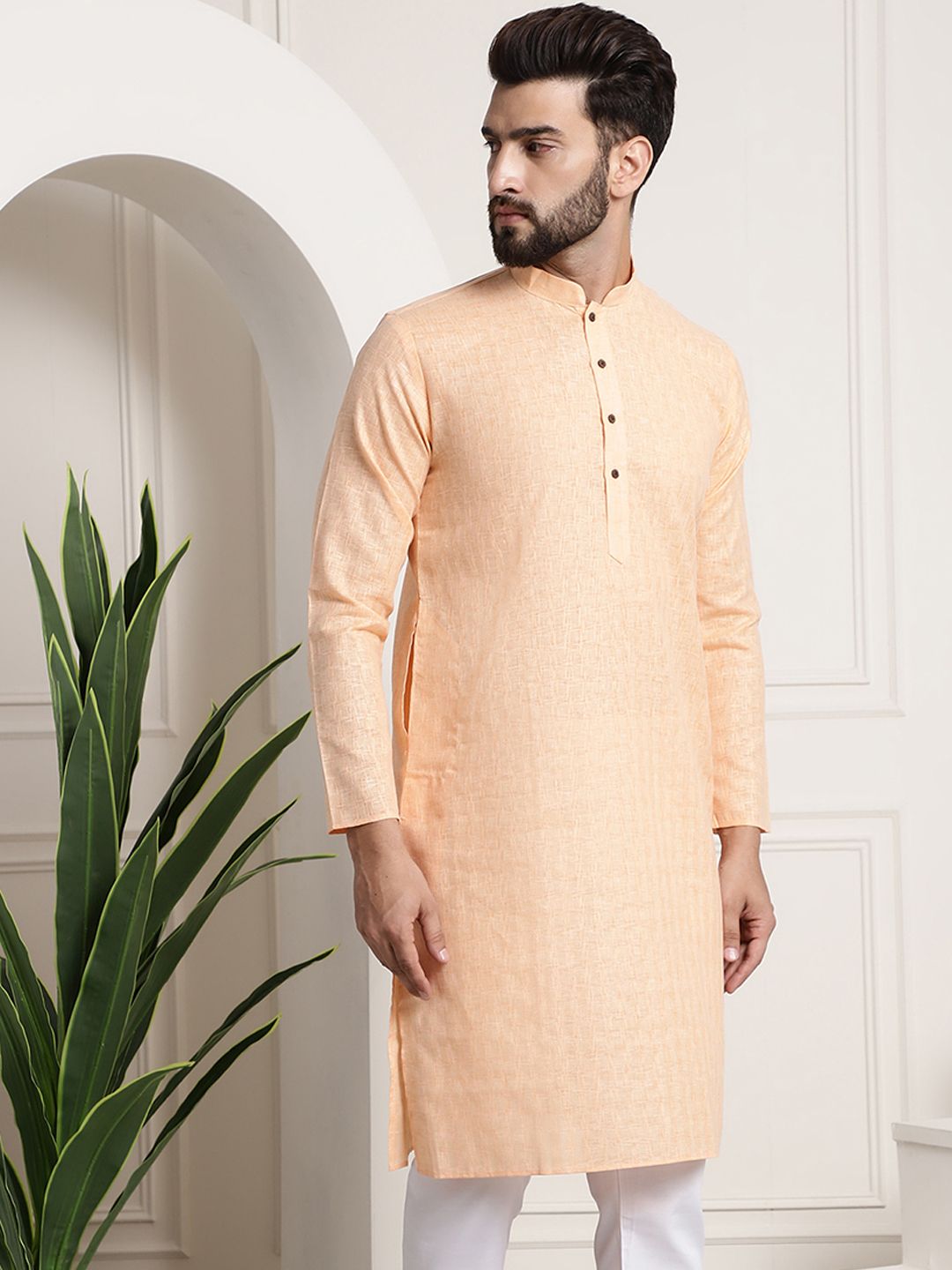 SOJANYA Kurta Lurus Berpetak Berwarna Peach Lelaki