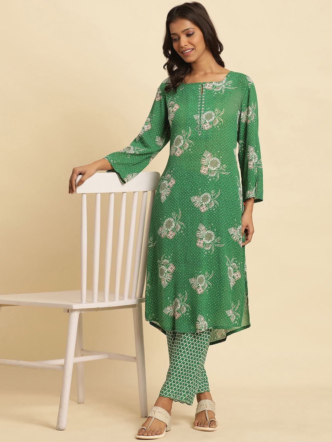 W Women Green Geometric Printed Pure Cotton Trouser