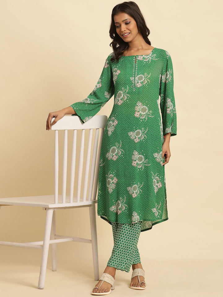 W Women Green Geometric Printed Pure Cotton Trouser