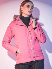 STREET 9 Pink Hooded Lightweight Faux Fur Trim Detailed Padded Jacket