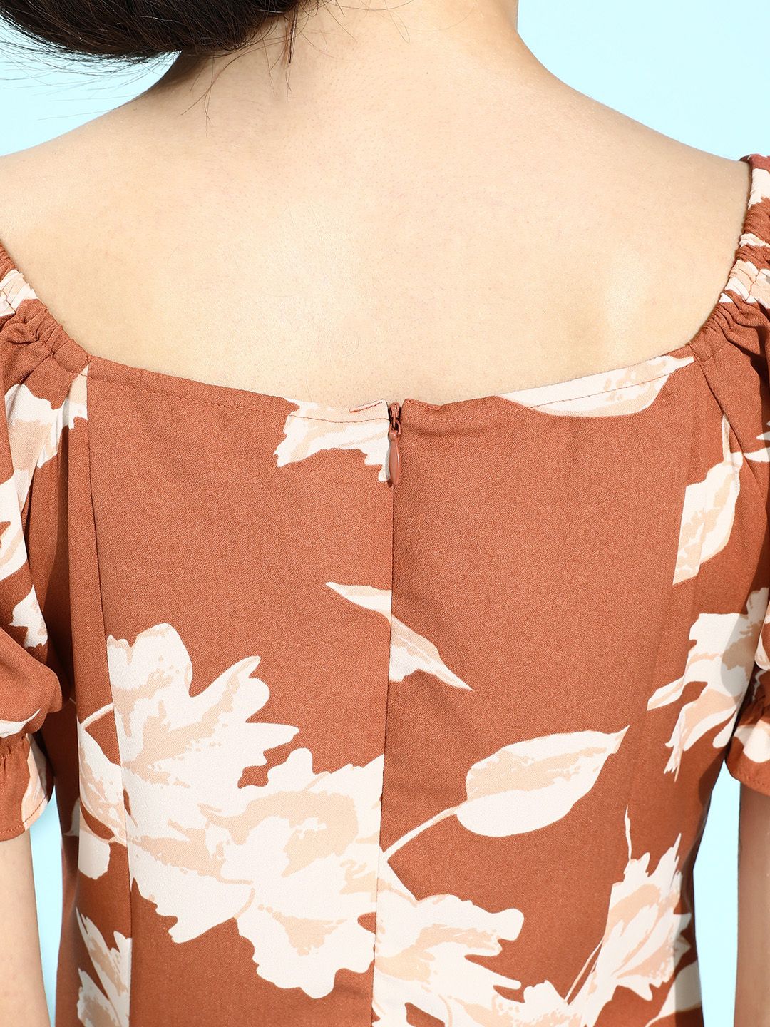 Berrylush Brown & White Floral Tie-Up Neck A-Line Dress