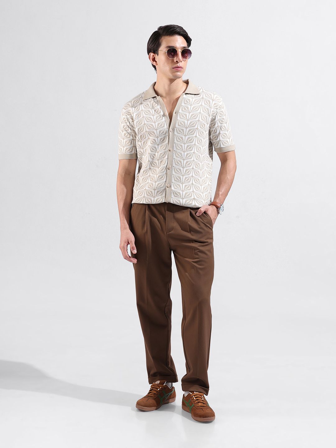 The Indian Garage Co Men Slim Fit Geometric Casual Flat Knit Shirt