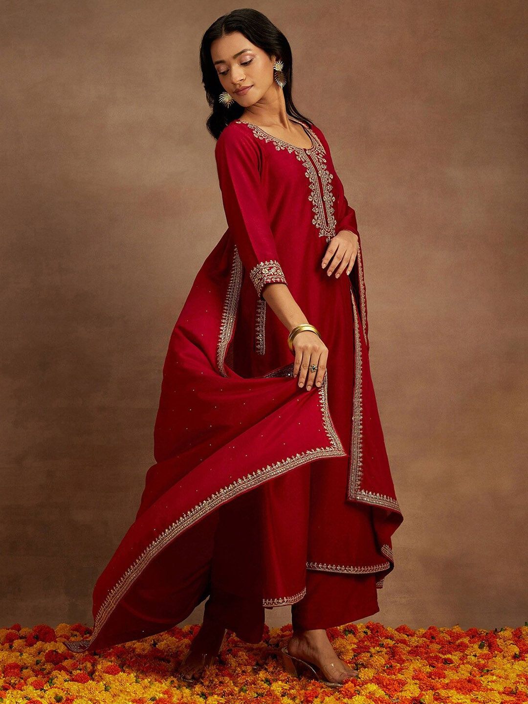 Libas Yoke Design Sequinned A-Line Kurta with Trousers & With Dupatta