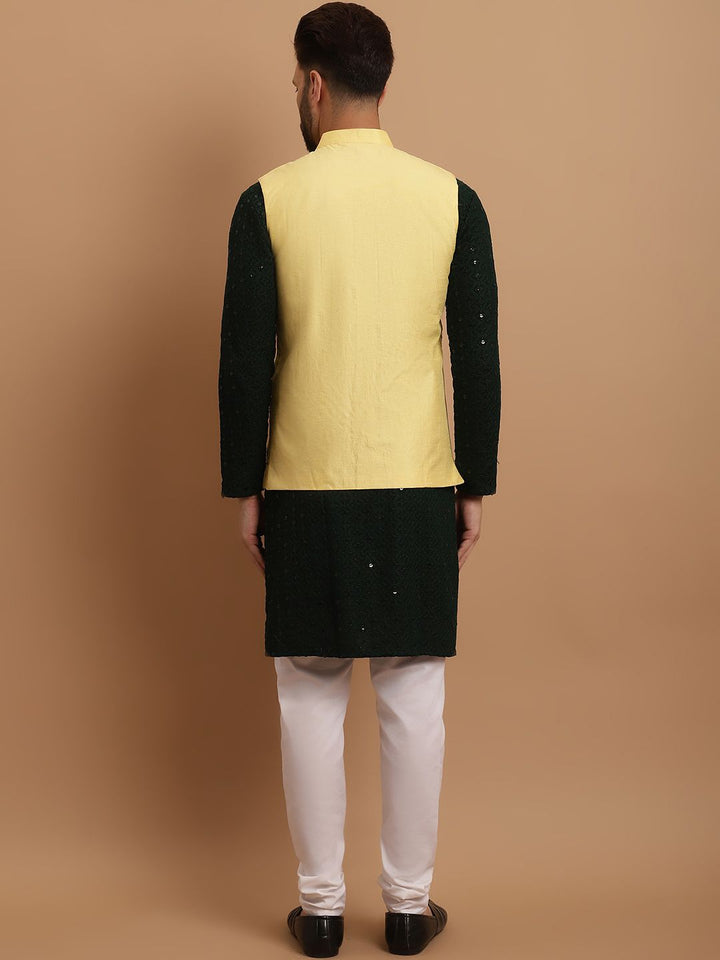 SOJANYA Ethnic Embroidered Sequinned Pure Cotton Kurta & Churidar With Nehru Jacket