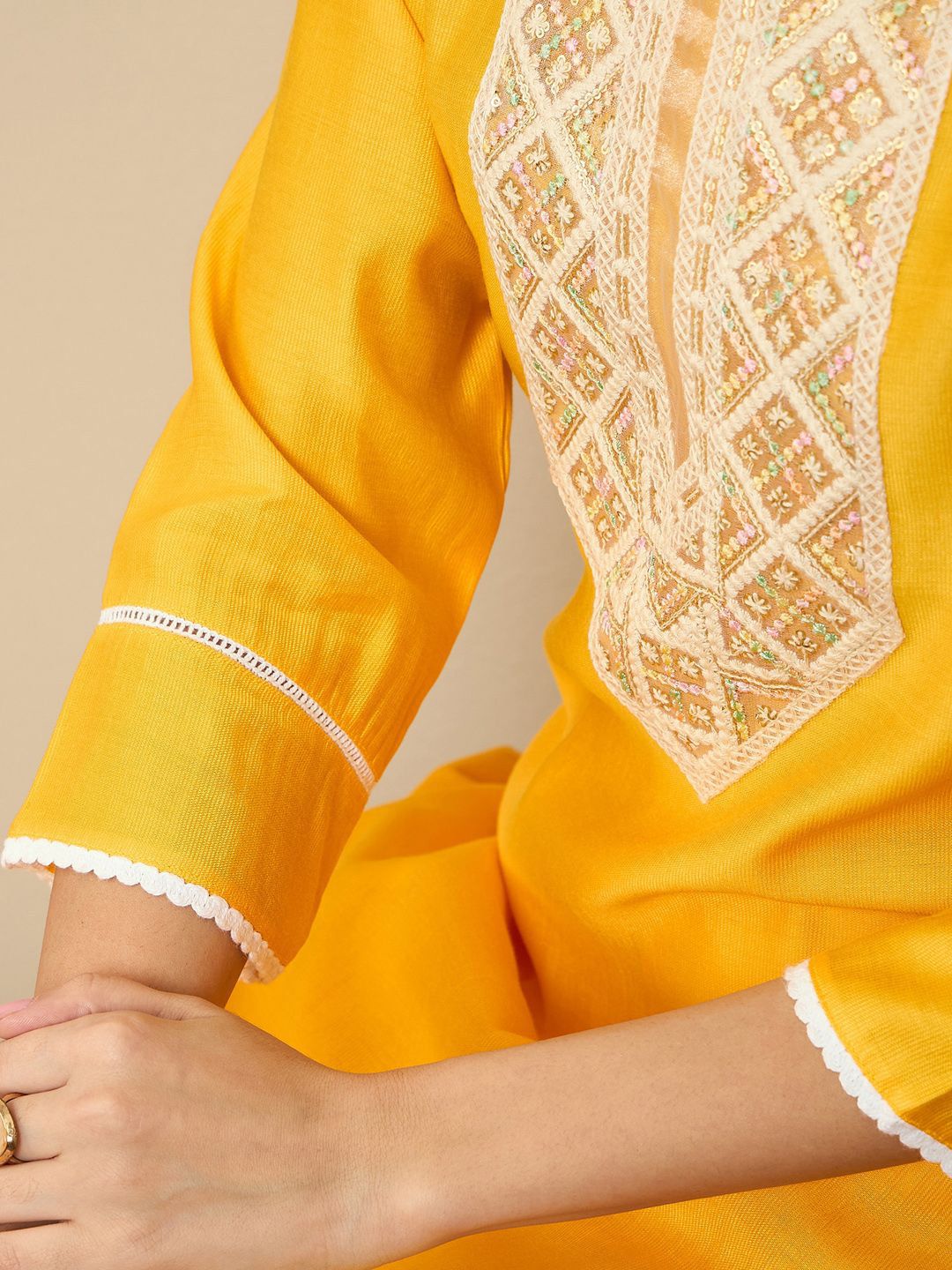 Indo Era Floral Embroidered Sequinned Liva Straight Kurta With Trousers