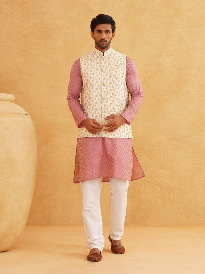 SOJANYA Men Pink Regular Thread Work Kurta with Churidar