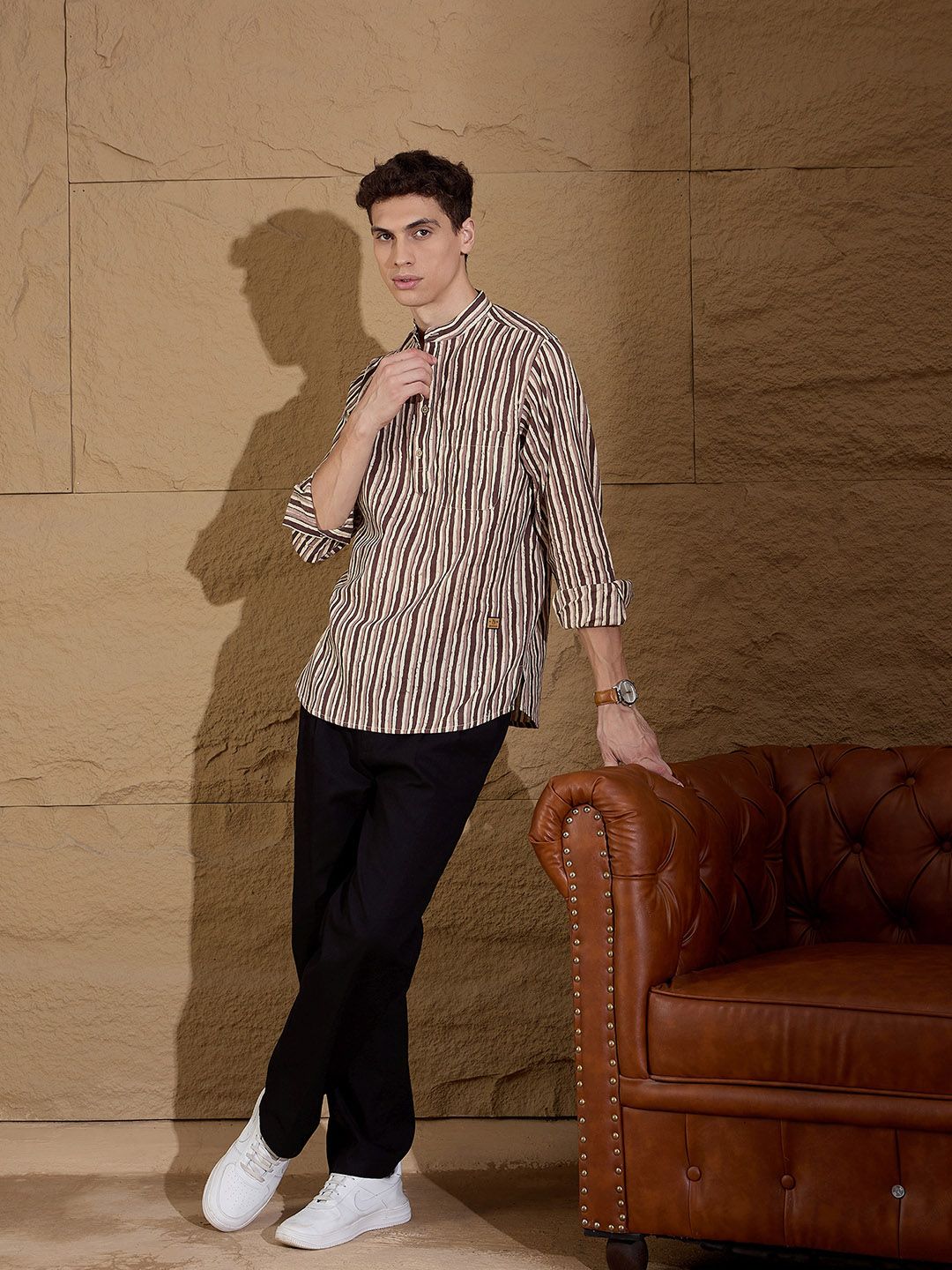 DENNISON Striped Printed Pure Cotton Band Collar Straight Kurta