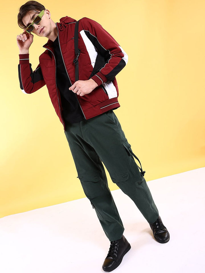The Indian Garage Co Men Colourblocked Bomber Jacket with Hood