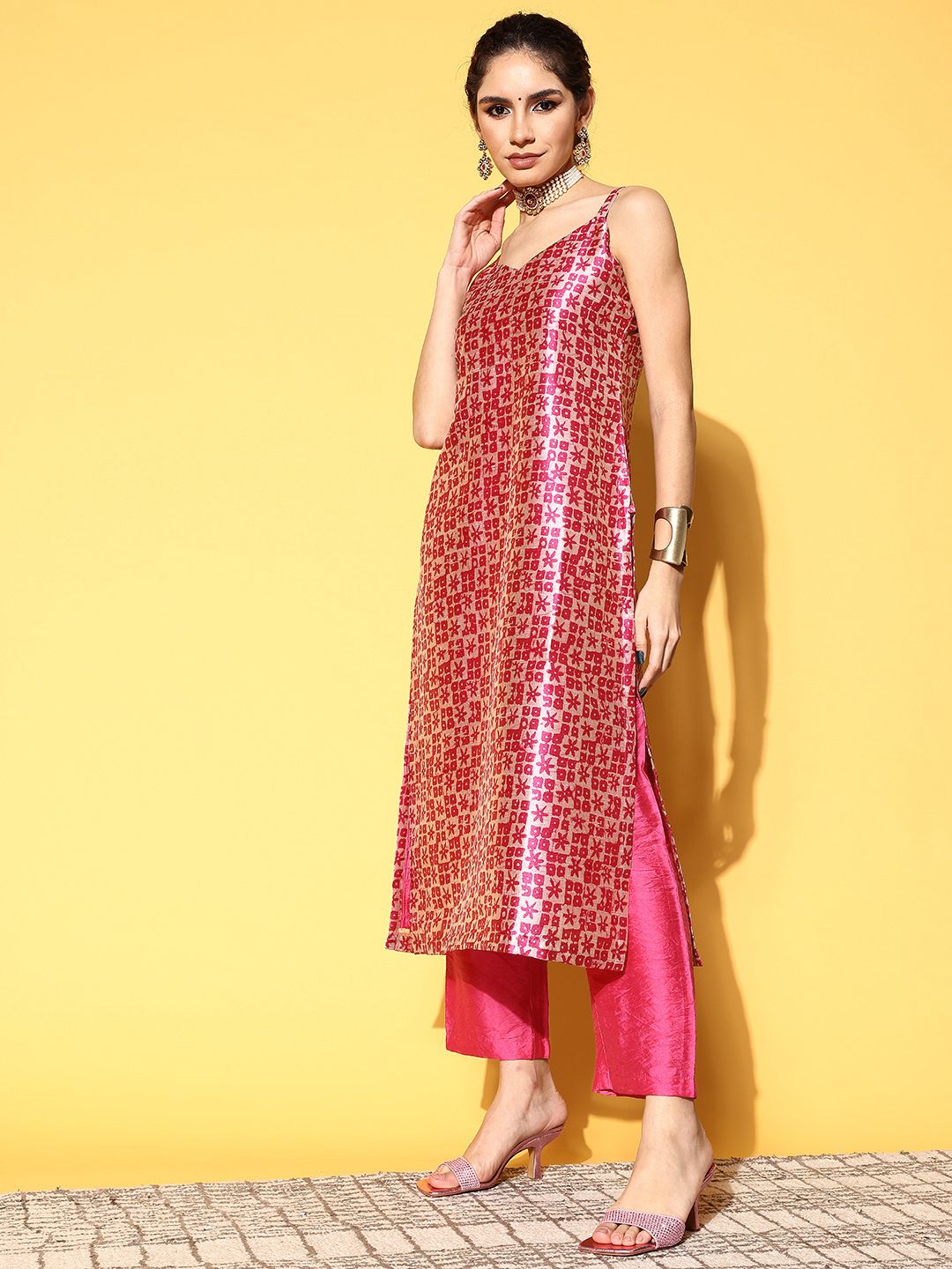 Varanga Women Abstract Tussar Silk Spaghetti Straps Kurta Set