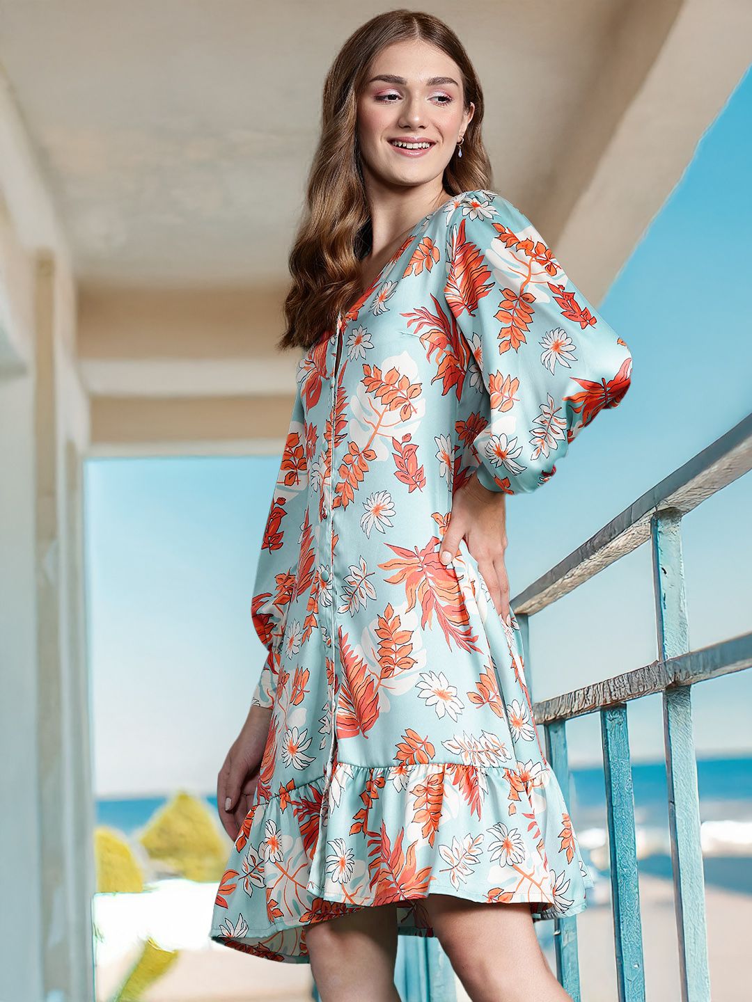 DressBerry Floral Print Bishop Sleeve A-Line Dress