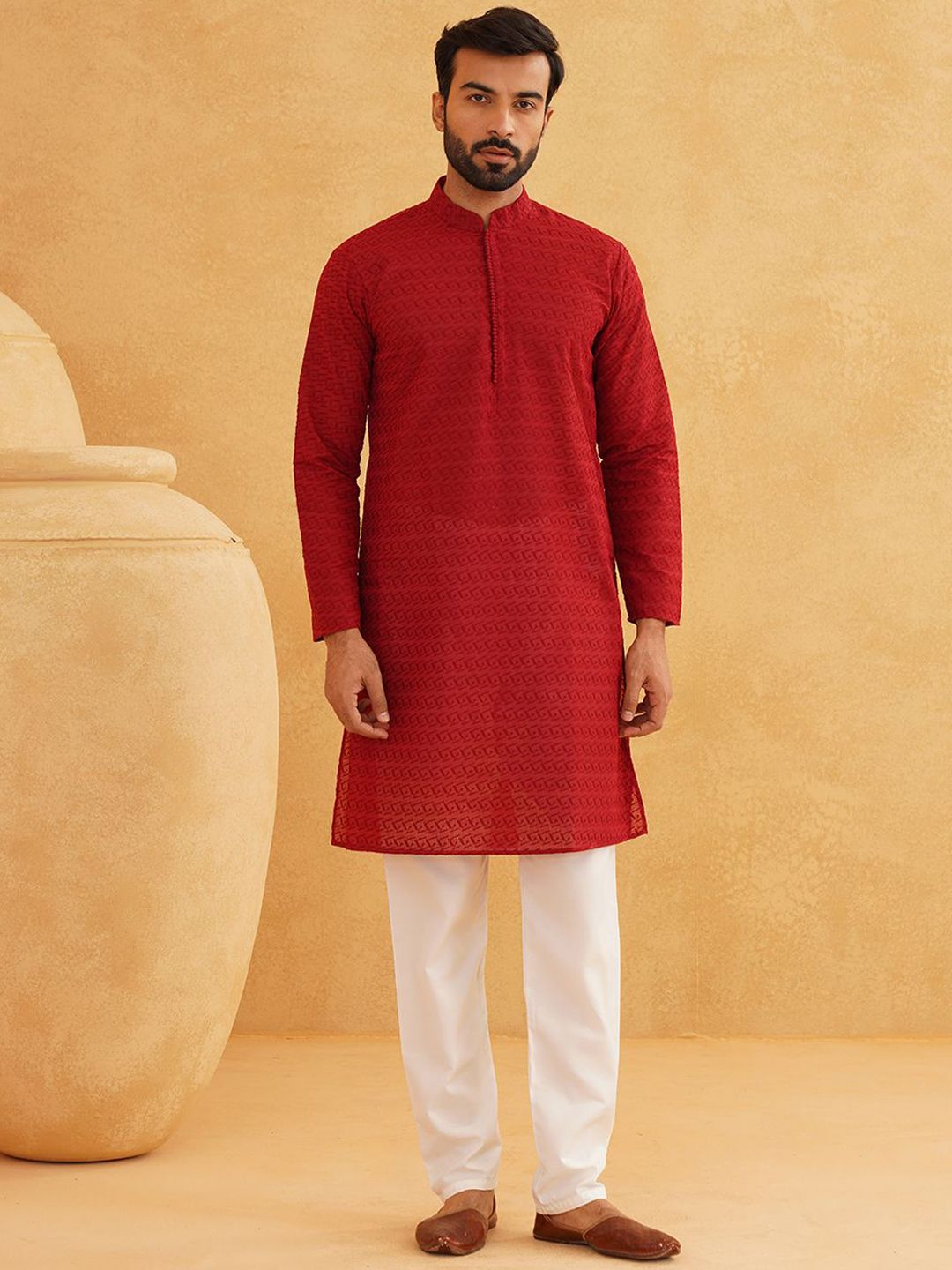 SOJANYA Geometric Embroidered Regular Pure Cotton Straight Kurta With Churidar