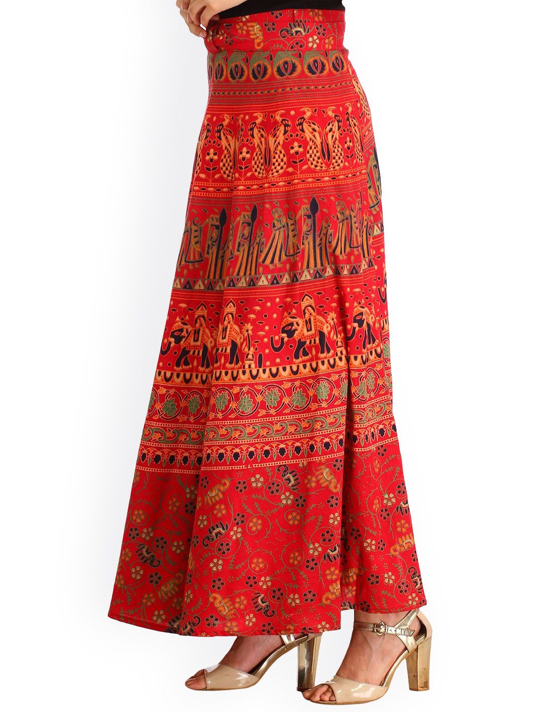 Exotic India Tomato Puree Wrap-around Long Skirt with Printed Wedding Scenes