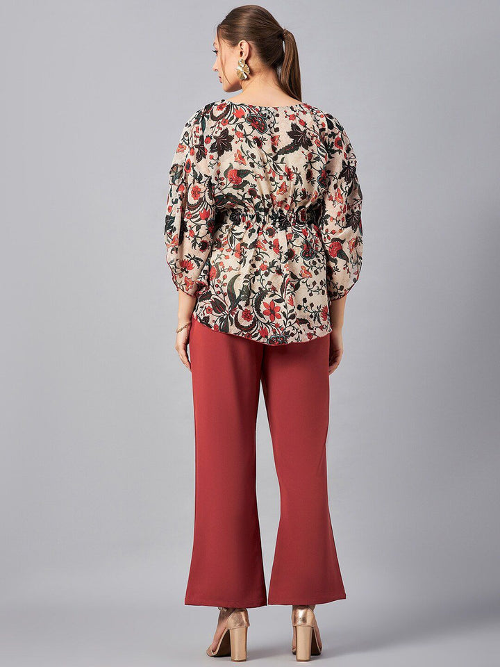 Antheaa Floral Printed Boat Neck Tunic With Trousers