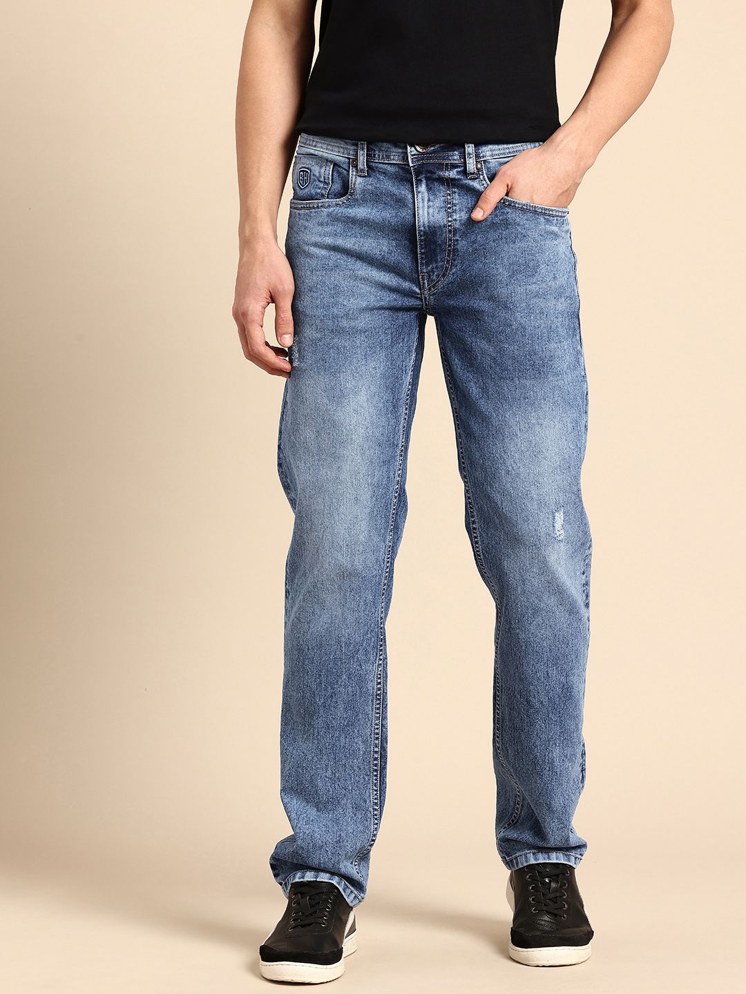 Being Human Men Straight Fit Low Distress Heavy Fade Stretchable Jeans