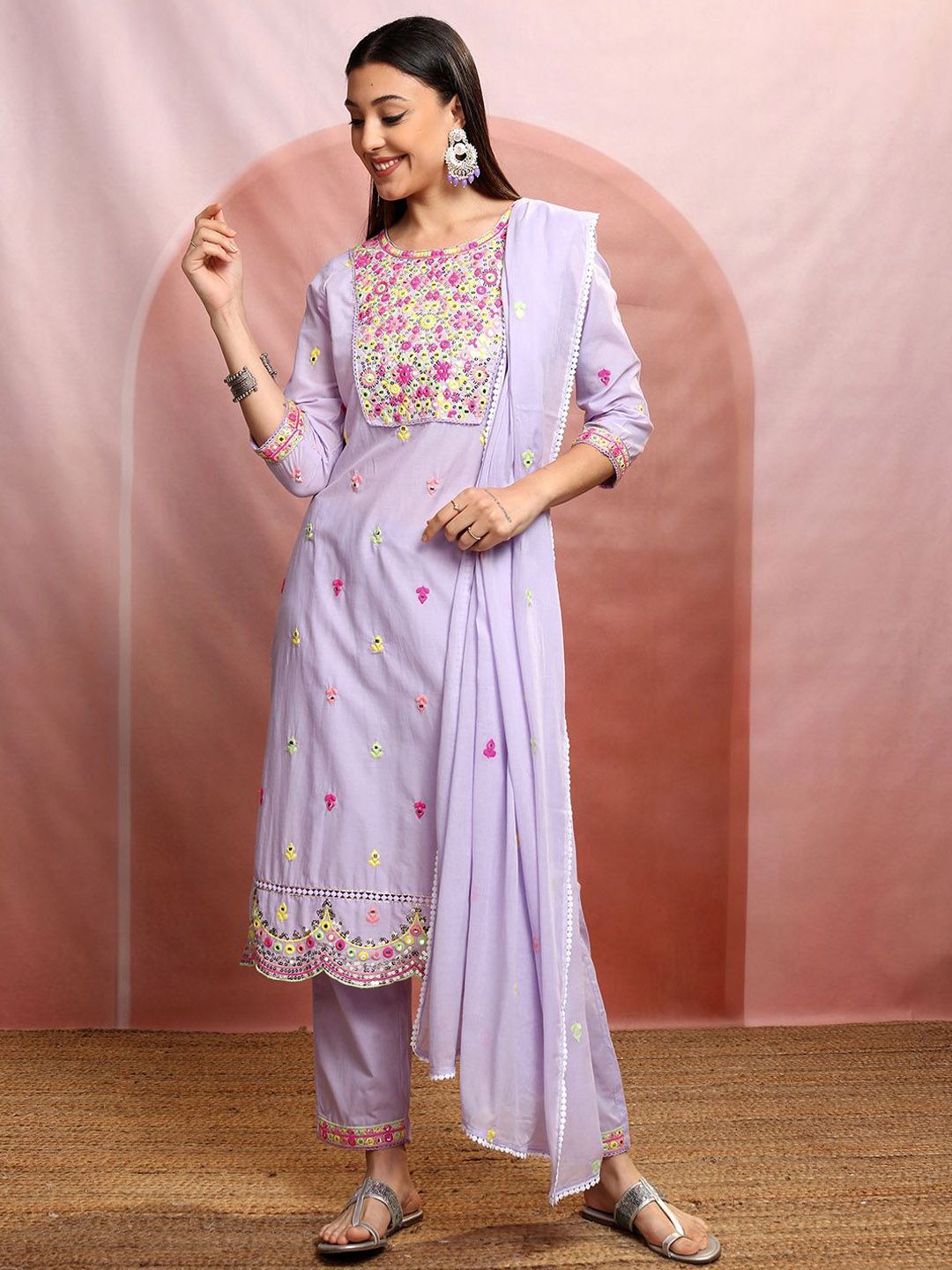 Vishudh Lavender Round Neck Embroidered Regular Thread Work Pure Cotton Straight Kurta Set