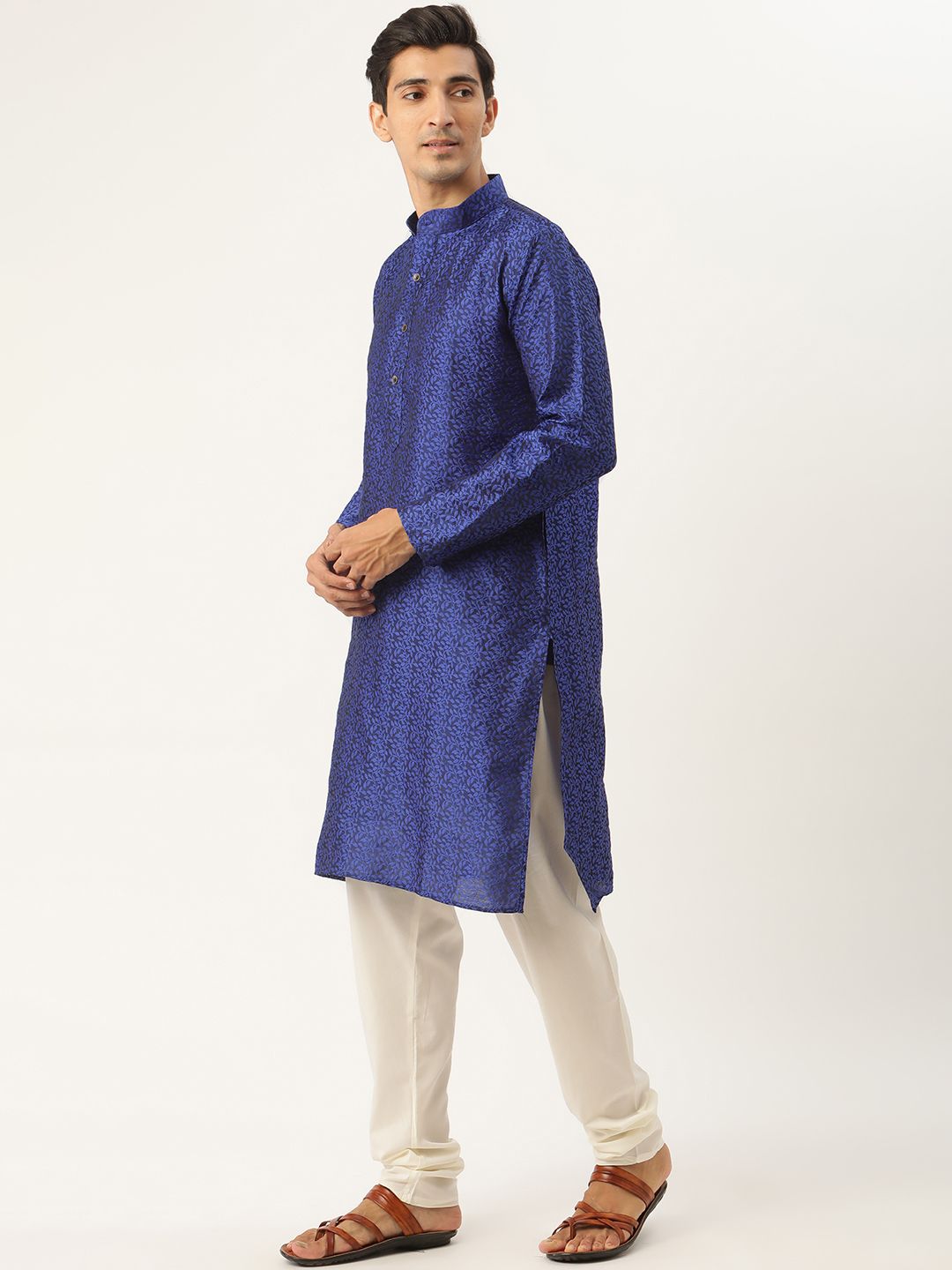 SOJANYA Kurta Sutera Jacquard Biru Lelaki dengan Jaket Churidar & Nehru