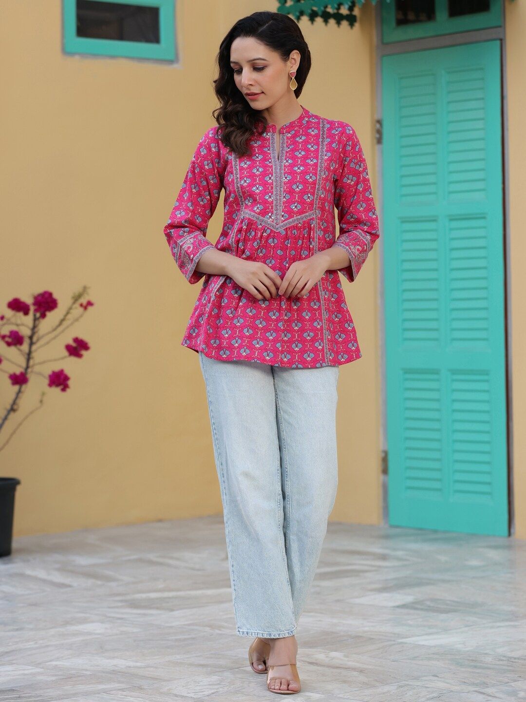 Motif Etnik Hujan &amp; Pelangi Bercetak Kurti A-Line Kapas Tulen