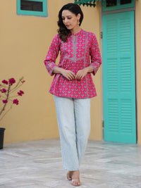 Motif Etnik Hujan &amp; Pelangi Bercetak Kurti A-Line Kapas Tulen