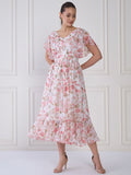 Antheaa Women Floral Print Flared Sleeve Layered Fit & Flare Midi Dress