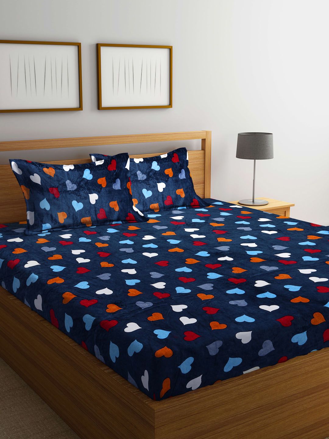KLOTTHE Navy Blue & Red Floral Woolen 300 TC King Bedsheet With 2 Pillow Covers