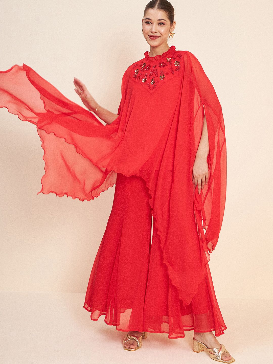 Antheaa Red Round Neck Embellished Co-Ords Set