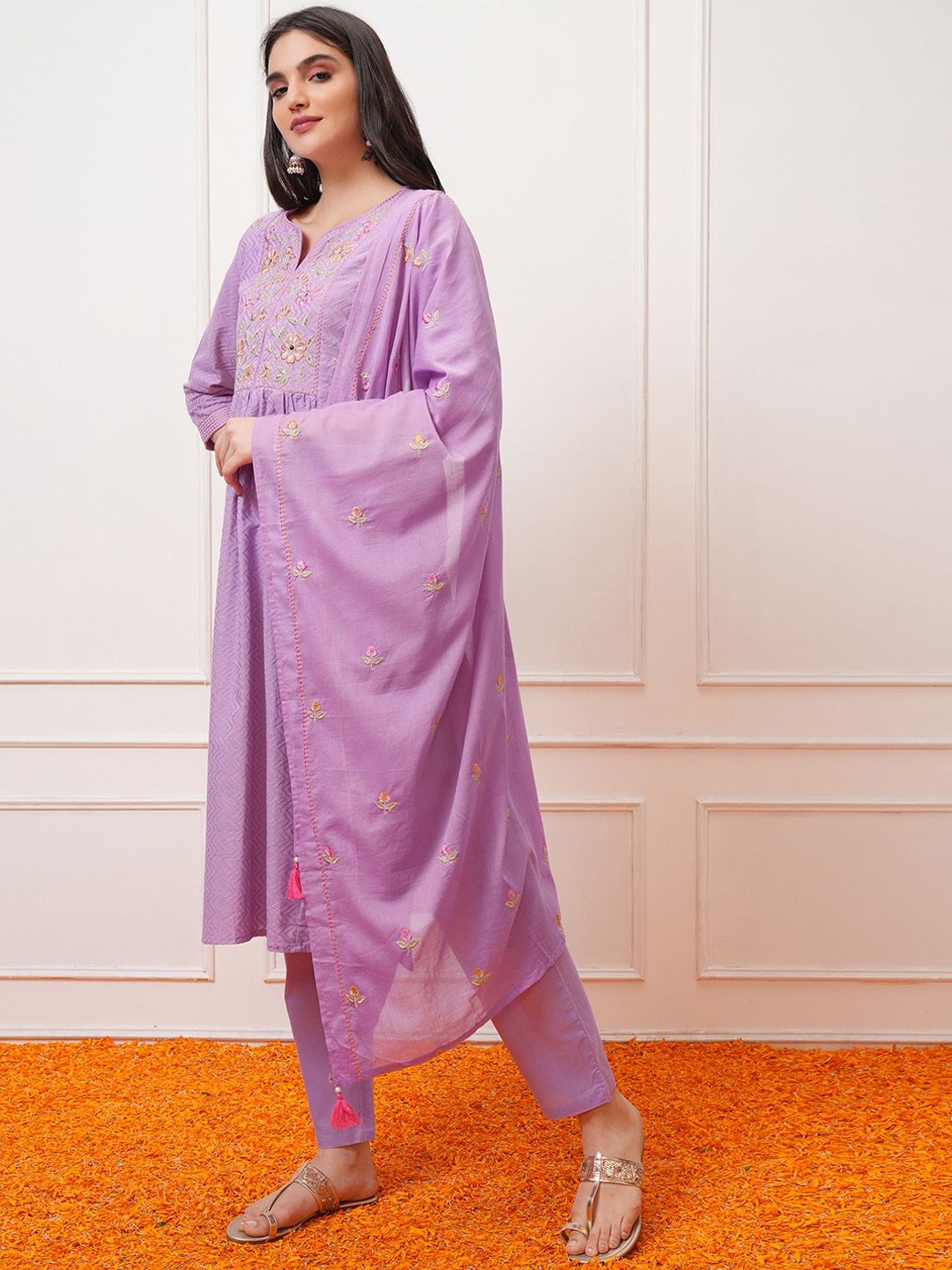 Vishudh Regular Thread Work Pure Cotton Kurta with Trouser & Dupatta