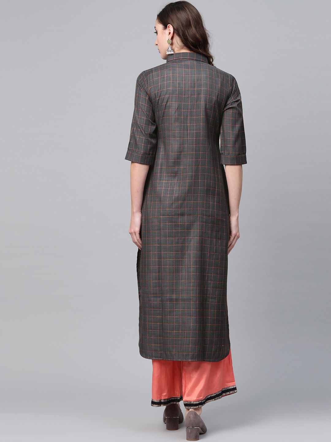 Gerua By Libas Women Charcoal Grey  Orange Checked Pathani Kurta