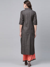 Gerua By Libas Women Charcoal Grey  Orange Checked Pathani Kurta