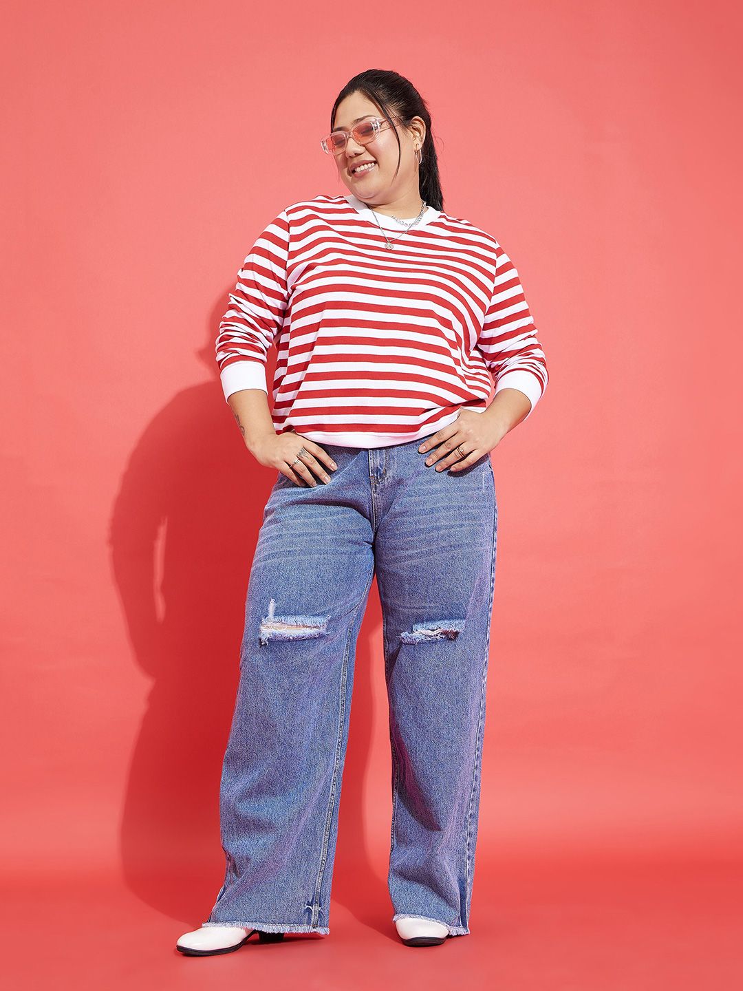 SASSAFRAS Curve Red Plus Size Striped Pullover Sweatshirt