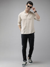 THE BEAR HOUSE Men Beige Slim Fit Pinstripes Striped Pure Cotton Casual Shirt
