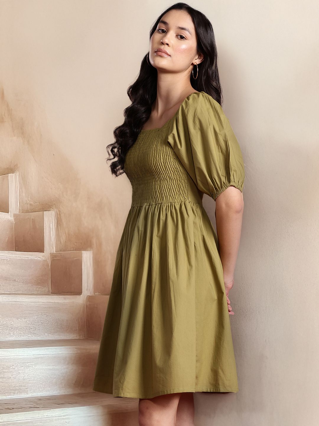 all about you Cotton Smocked Detail Fit & Flare Dress