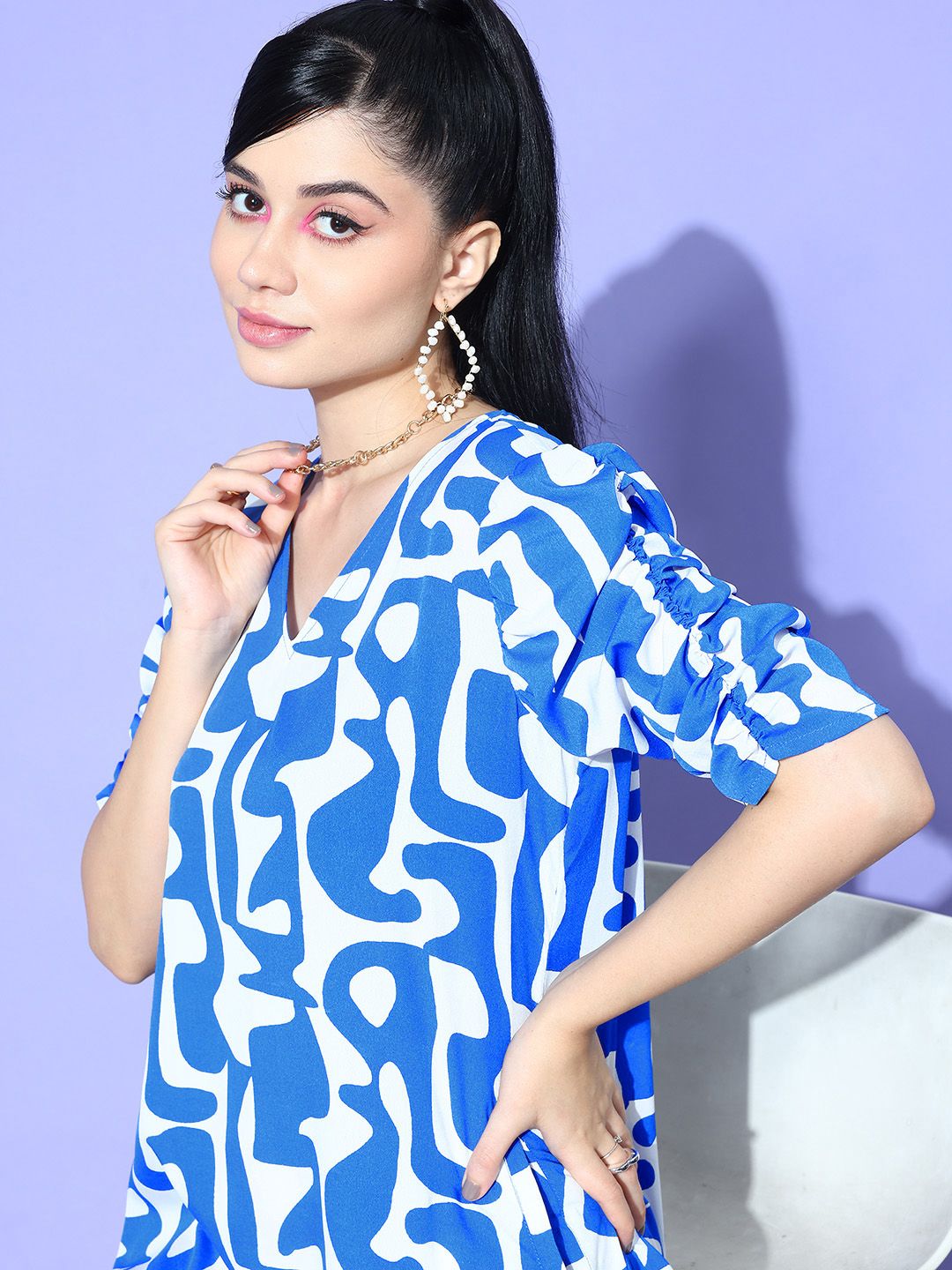 Antheaa Printed Puff Sleeve Crepe A-Line Dress