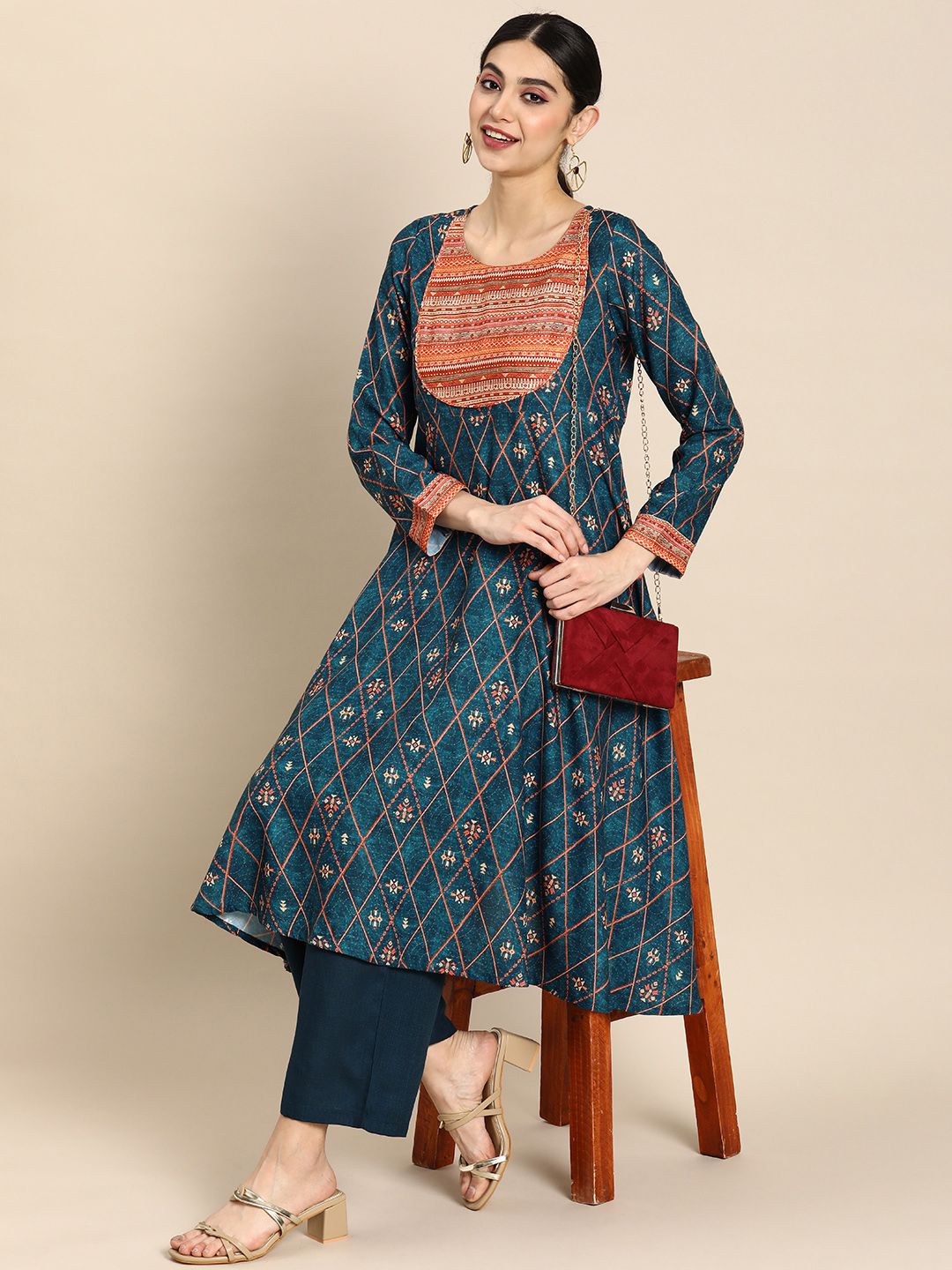 Anouk Ethnic Motifs Printed A-line Kurta with Palazzos