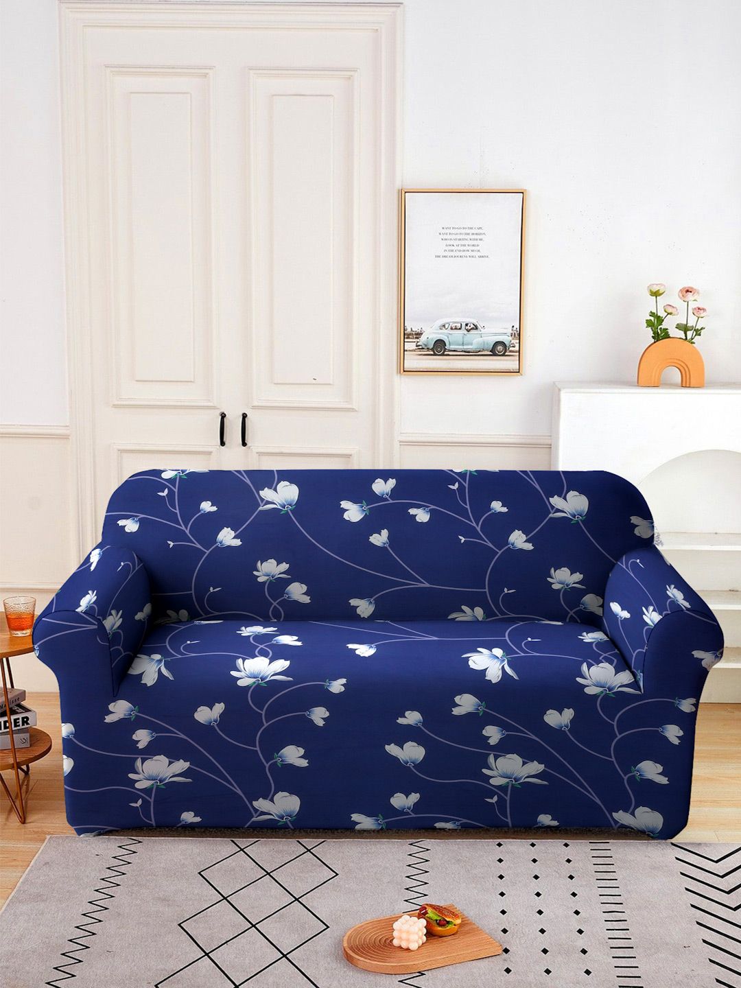 Sarung Sofa Dua Tempat Duduk Bercetak Cortina Navy Blue Floral