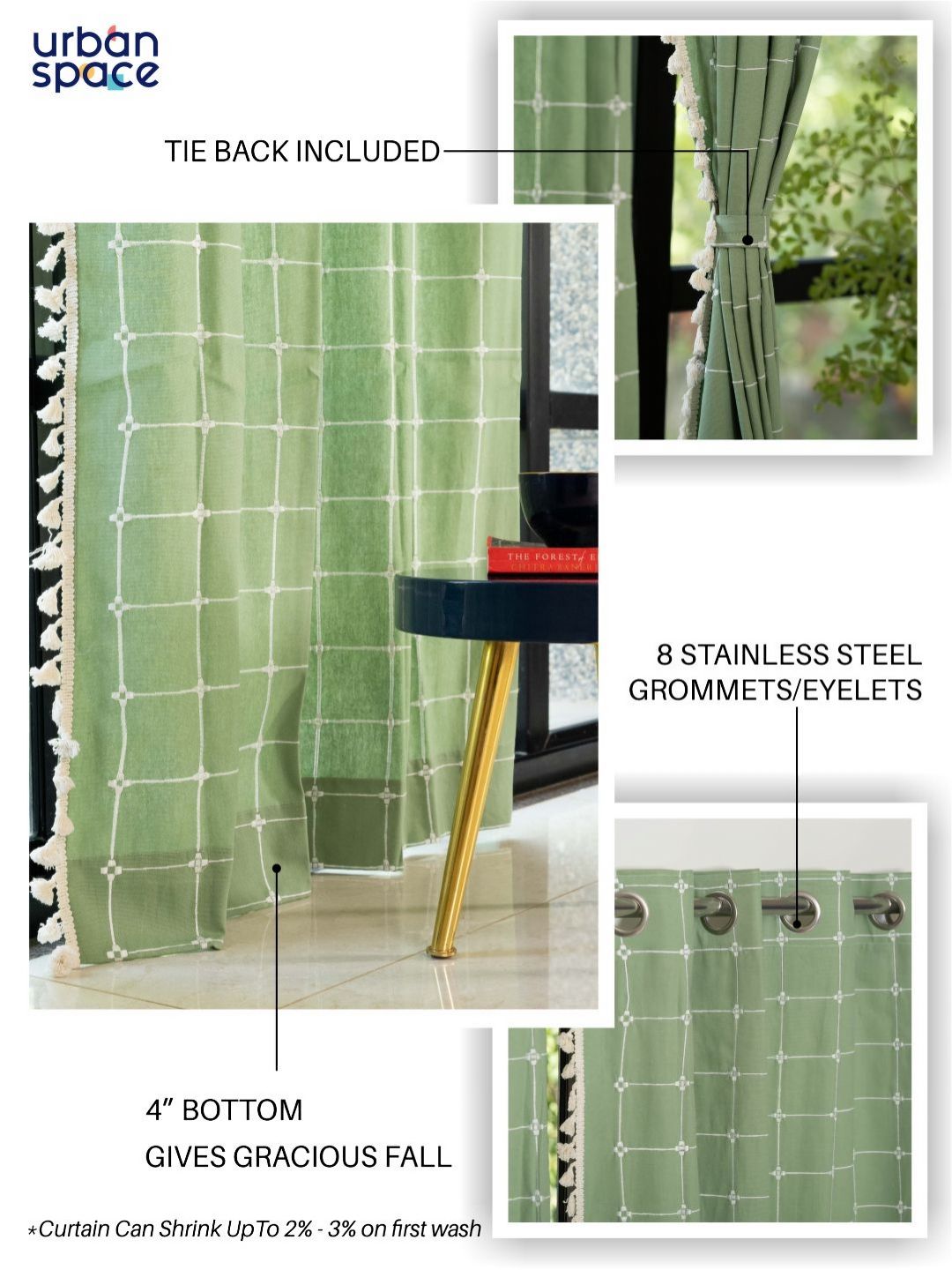 URBAN SPACE Green & White Embroidered Long Door Curtain