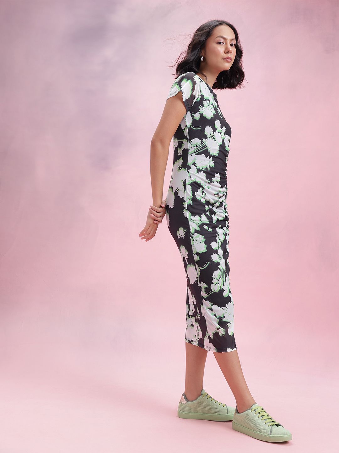 DressBerry Floral Print Ruched Mesh Bodycon Midi Dress