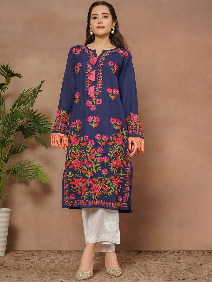 HOUSE OF KARI Falak Kashmiri Embroidered Flared Sleeves Thread Work Cotton Straight Kurta