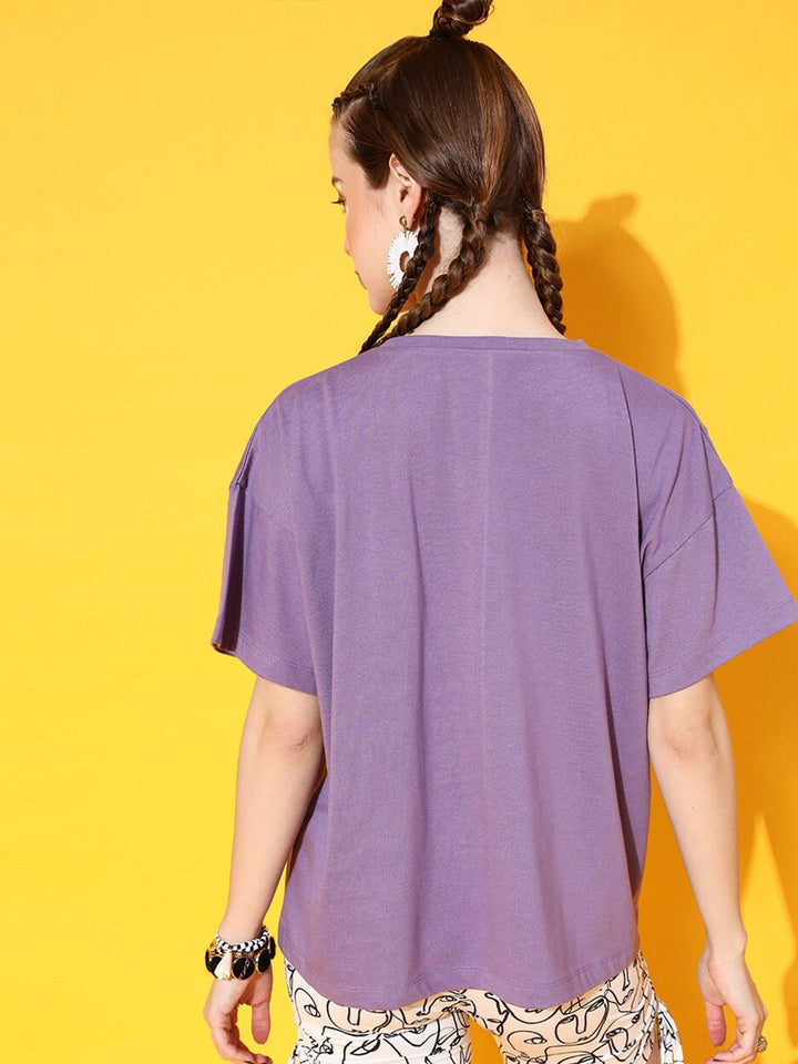 STREET 9 Women Lavender Typography Printed High Neck Extended Sleeves Bio Finish Oversized  T-shirt