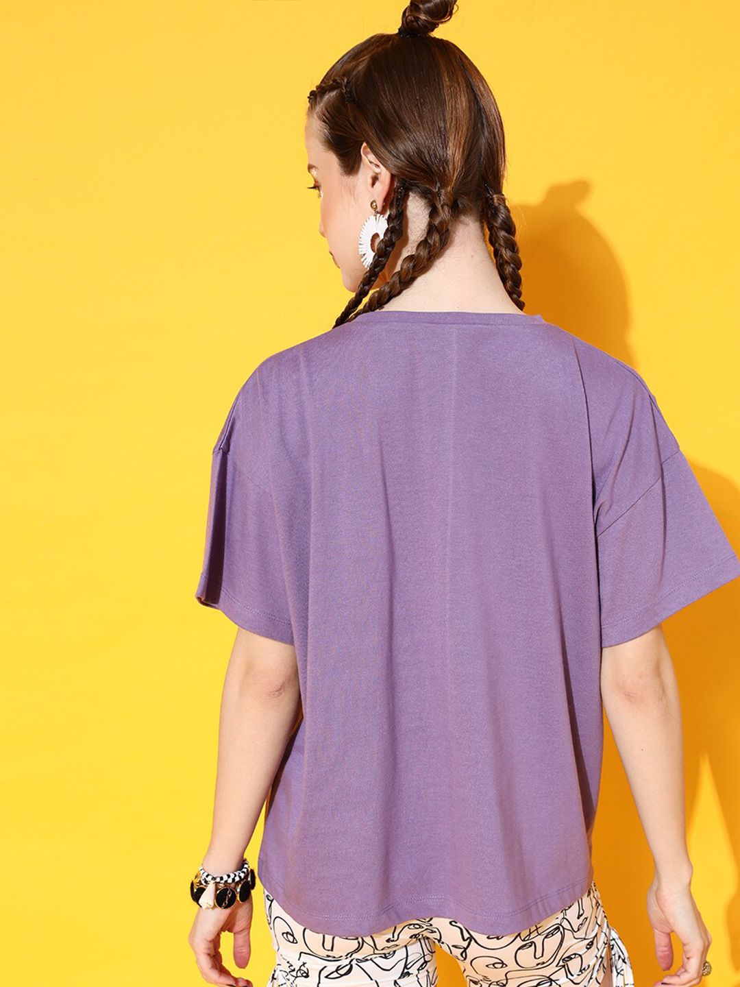 STREET 9 Women Lavender Typography Printed High Neck Extended Sleeves Bio Finish Oversized  T-shirt