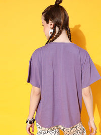 STREET 9 Women Lavender Typography Printed High Neck Extended Sleeves Bio Finish Oversized  T-shirt